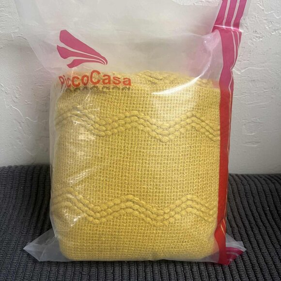 Wavy Pattern Decorative Knit Throw Blanket with Tassels, 50" x 60", Old Gold. - Picture 2 of 3